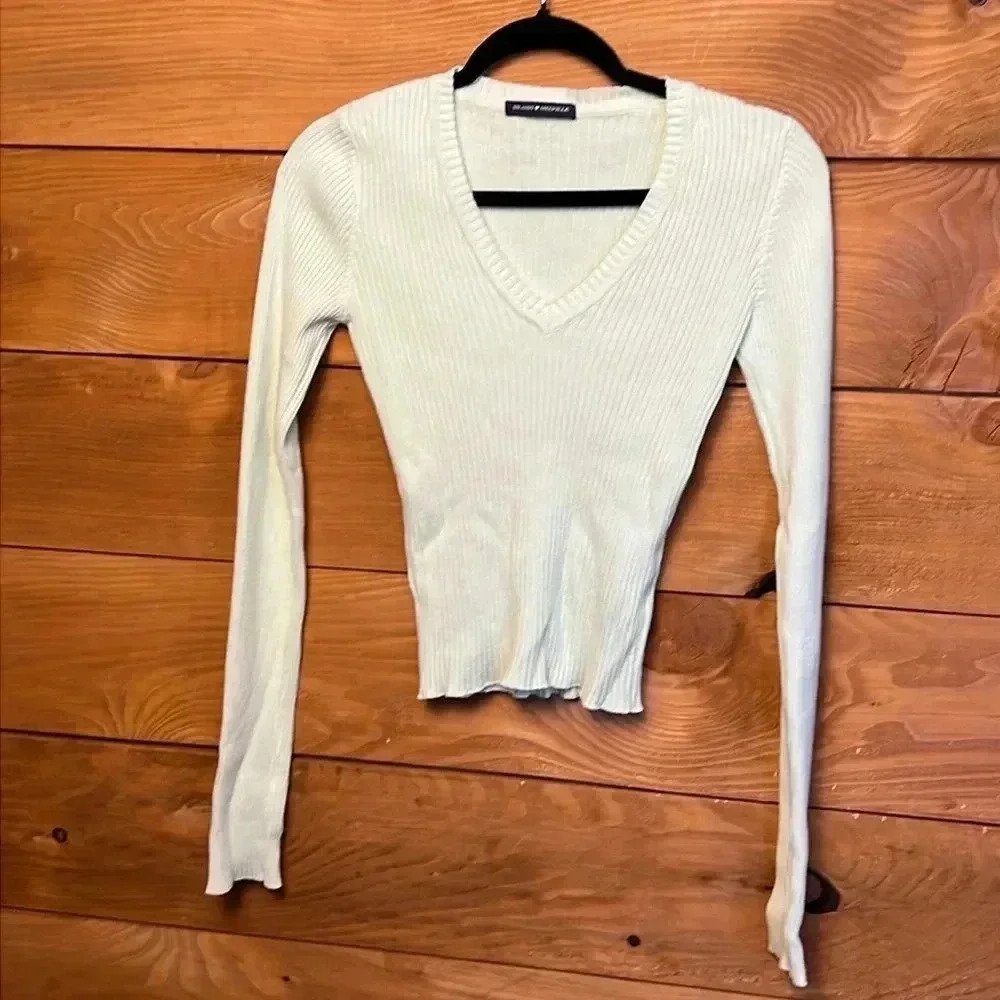 Brandy Melville Womens Mint Green Long Sleeve V-neck ribbed Sweater Cotton Italy